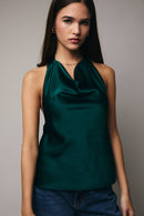 HIGH COWL NECK HALTER SATIN TOP: HUNTER GREEN