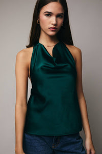 HIGH COWL NECK HALTER SATIN TOP: HUNTER GREEN