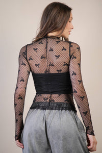 Mesh Lace Knit Top Black Bow