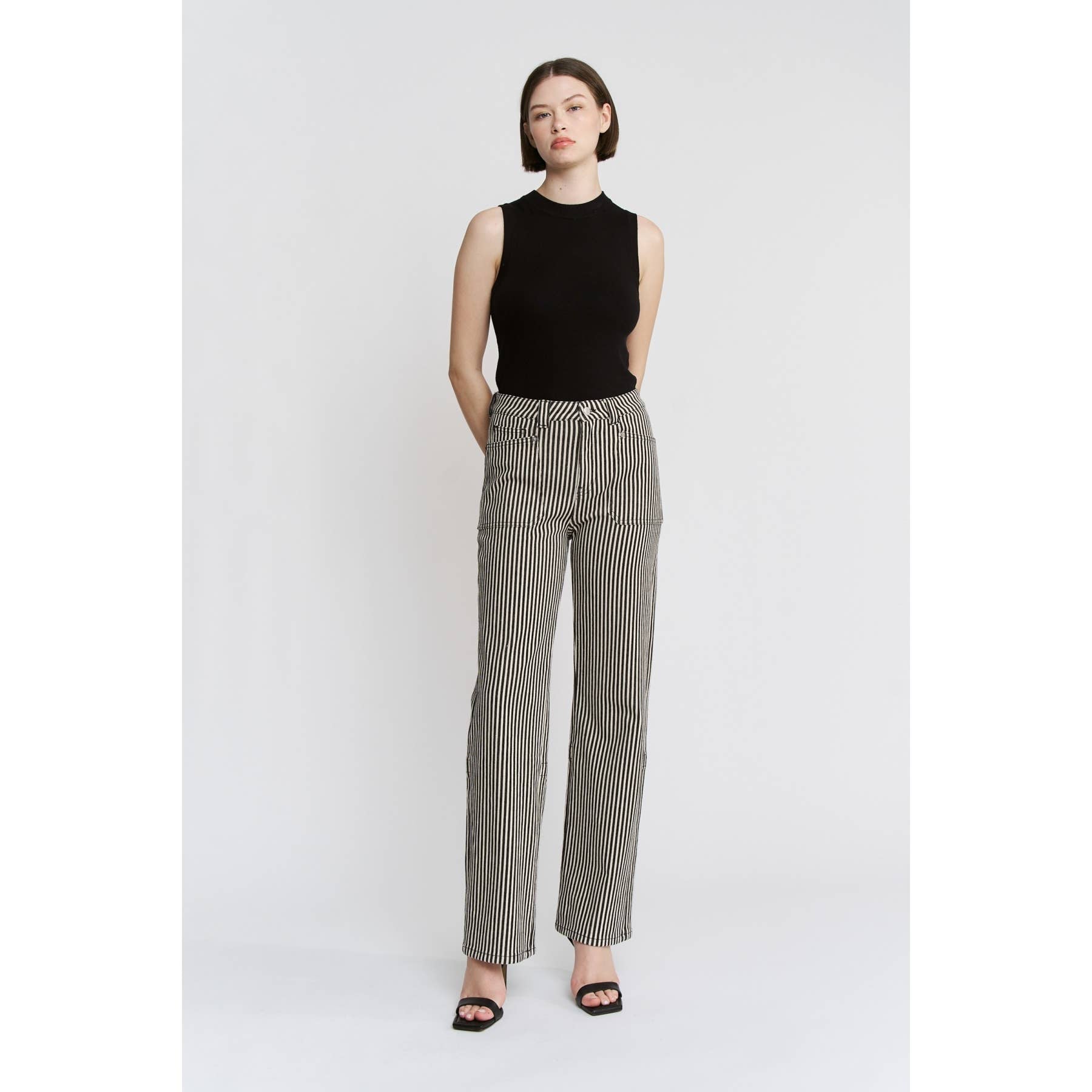 SUPER HIGH LOOSE FIT STRAIGHT STRIPED JEANS: BLACK TAN