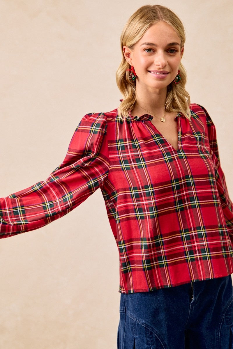 Christmas Plaid Balloon Sleeves Ruffled V-neck Top