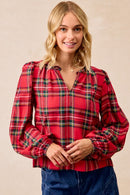 Christmas Plaid Balloon Sleeves Ruffled V-neck Top