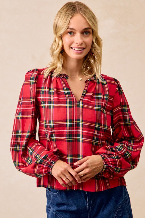 Christmas Plaid Balloon Sleeves Ruffled V-neck Top
