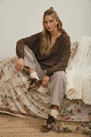 Easygoing Split Neck Top Chocolate Brown - Sugar Co.