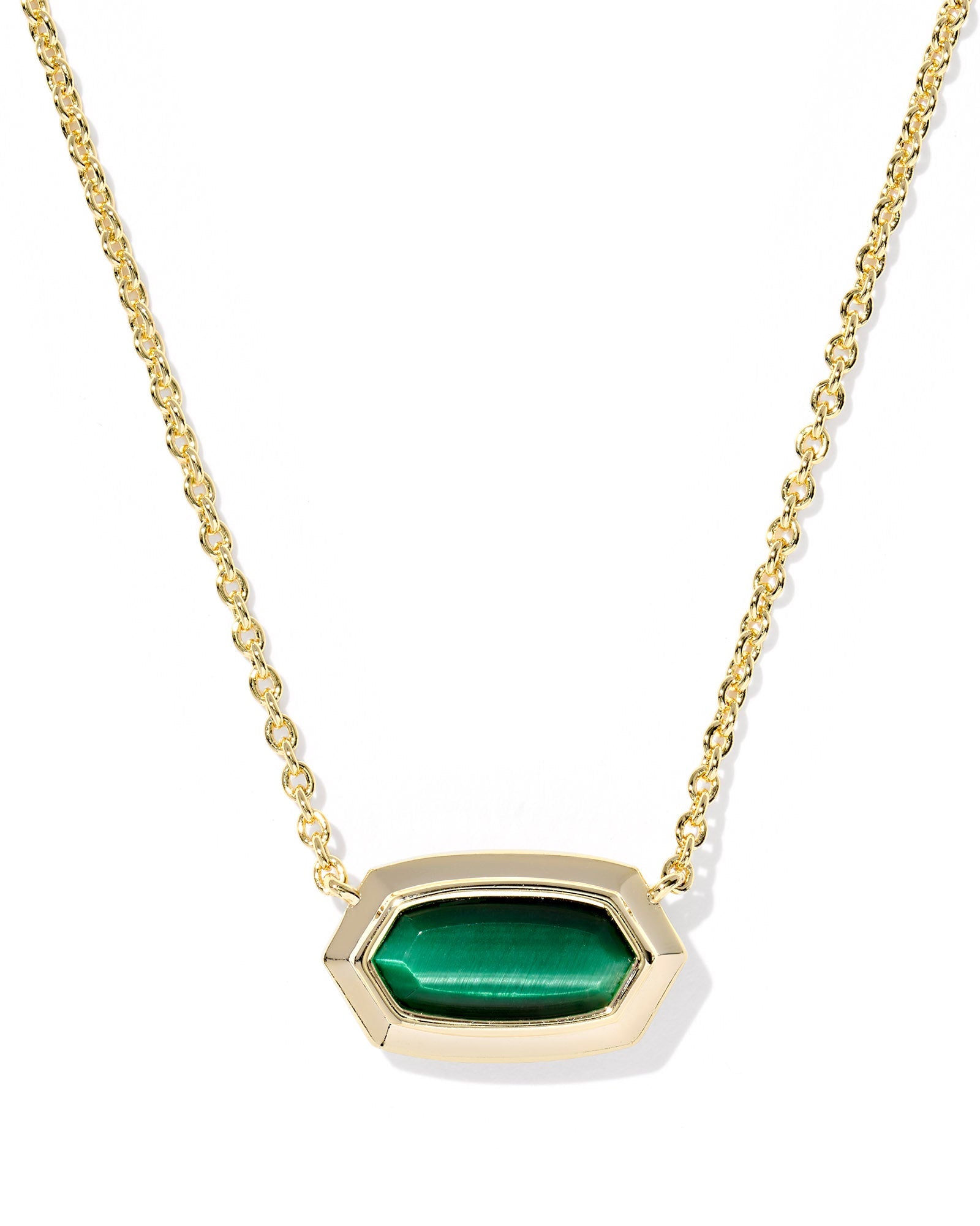 Elisa Bezel Gold Short Pendant Necklace in GREEN TIGERS EYE