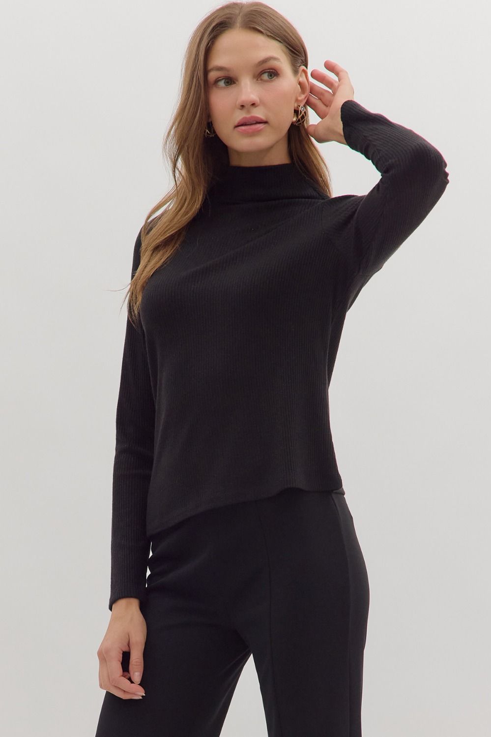 Refined Ribbed Mock Neck Black