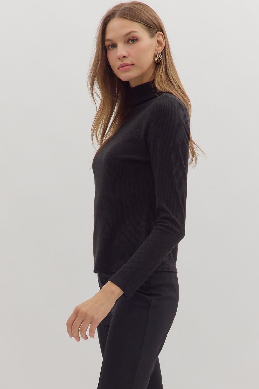 Refined Ribbed Mock Neck Black