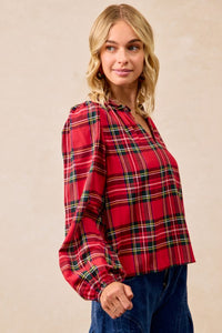 Christmas Plaid Balloon Sleeves Ruffled V-neck Top