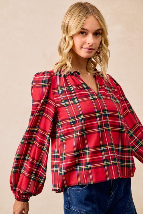 Christmas Plaid Balloon Sleeves Ruffled V-neck Top