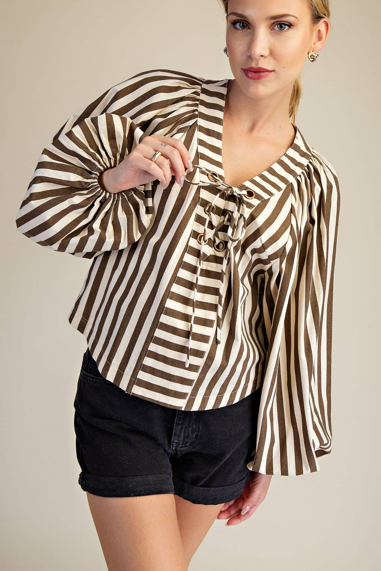 Dolman Lace-Up Blouse: Brown