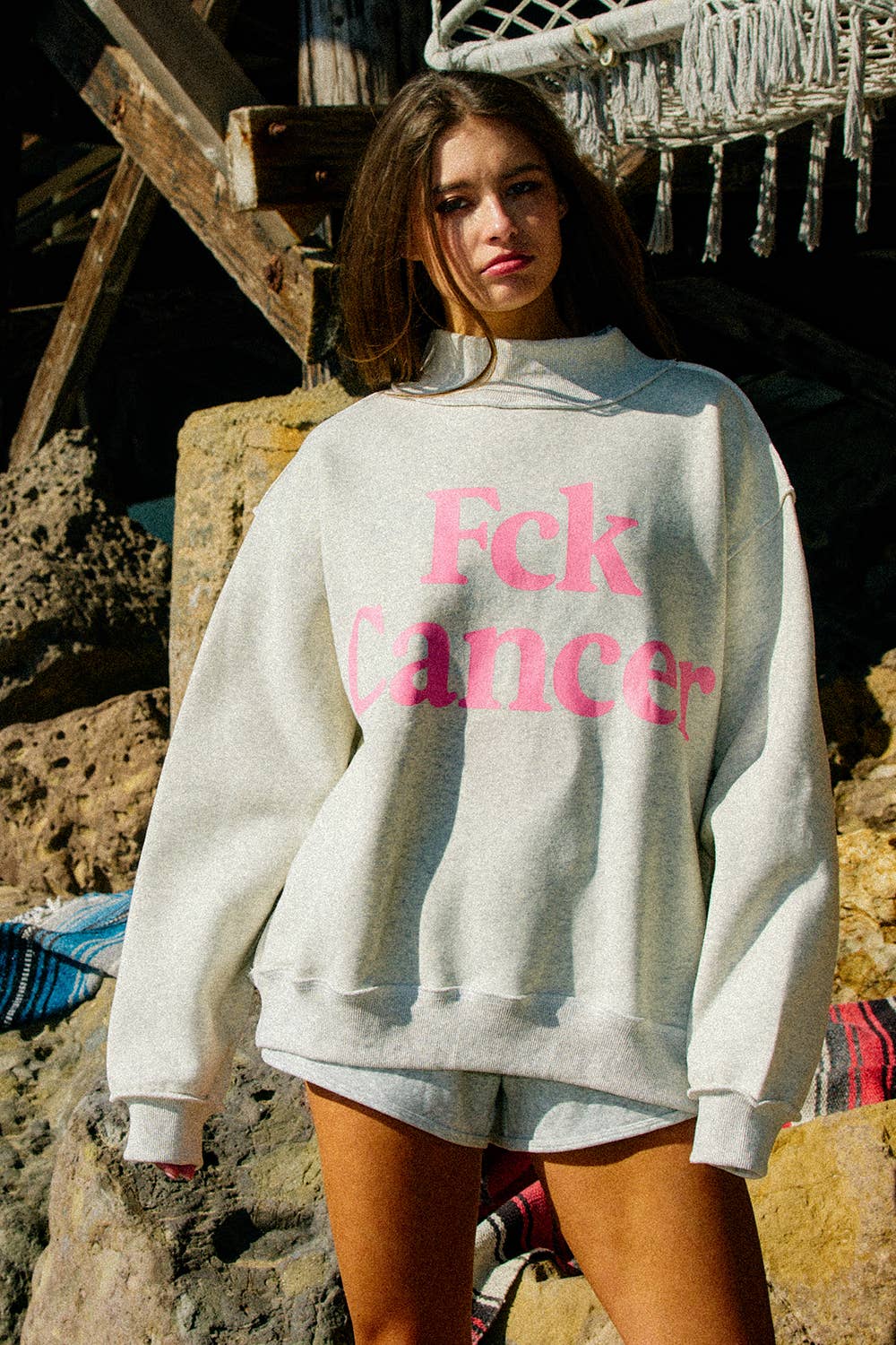 Fck Cancer & Support the Fighters Reversible Mock - Neck Sweatshirt - Sugar Co.