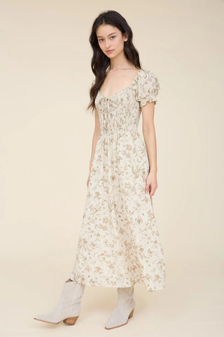 Floral Toile Front Tie Smocked Midi Dress - Sugar Co.