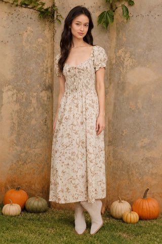 Floral Toile Front Tie Smocked Midi Dress - Sugar Co.