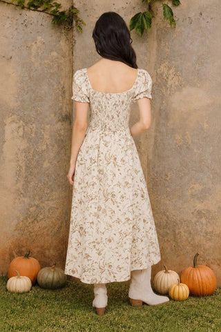 Floral Toile Front Tie Smocked Midi Dress - Sugar Co.