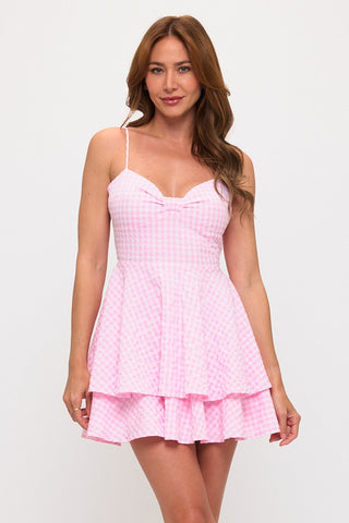 Gingham Bow Bust Tie Back Mini Dress Pink - Sugar Co.