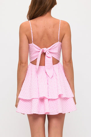 Gingham Bow Bust Tie Back Mini Dress Pink - Sugar Co.