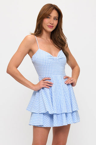 Gingham Bow Bust Tie Back Mini Dress Sky - Sugar Co.