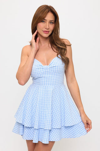 Gingham Bow Bust Tie Back Mini Dress Sky - Sugar Co.