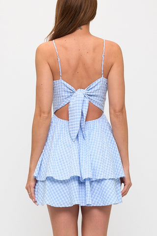 Gingham Bow Bust Tie Back Mini Dress Sky - Sugar Co.