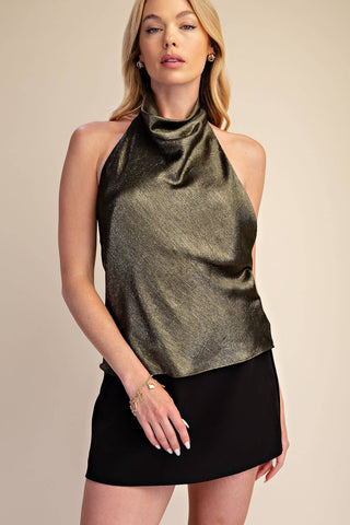 Golden Hour | Metallic Halter Top Olive - Sugar Co.