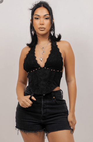 Halter Lace And Suede Top - Sugar Co.