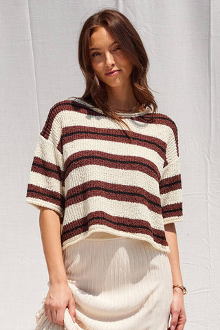 Harlow Striped 3/4 Sleeve Sweater - Sugar Co.