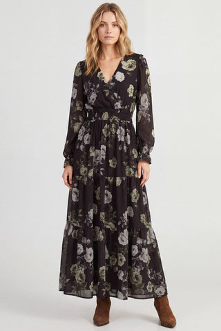 Long Sleeve Surplice Tiered Maxi Dress Ash Brown - Sugar Co.
