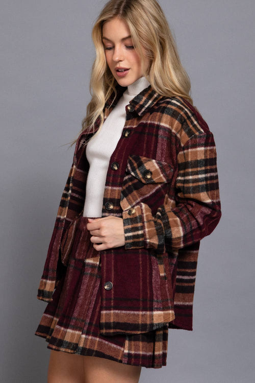 Luxe Plaid Wool Jacket Burgundy - Sugar Co.