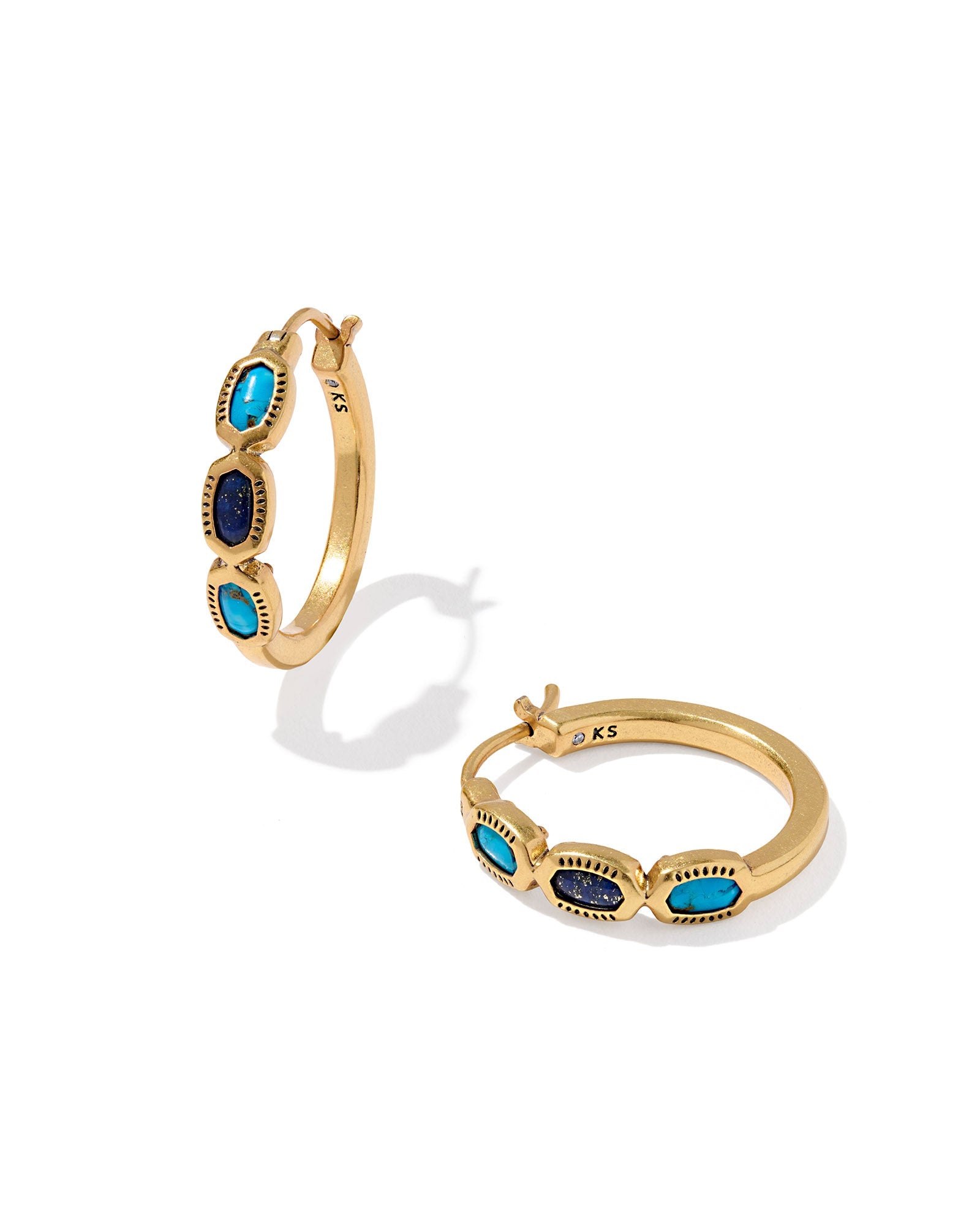 Mini Elisa Gold Hoop Earrings: Vintage Gold Blue Mix