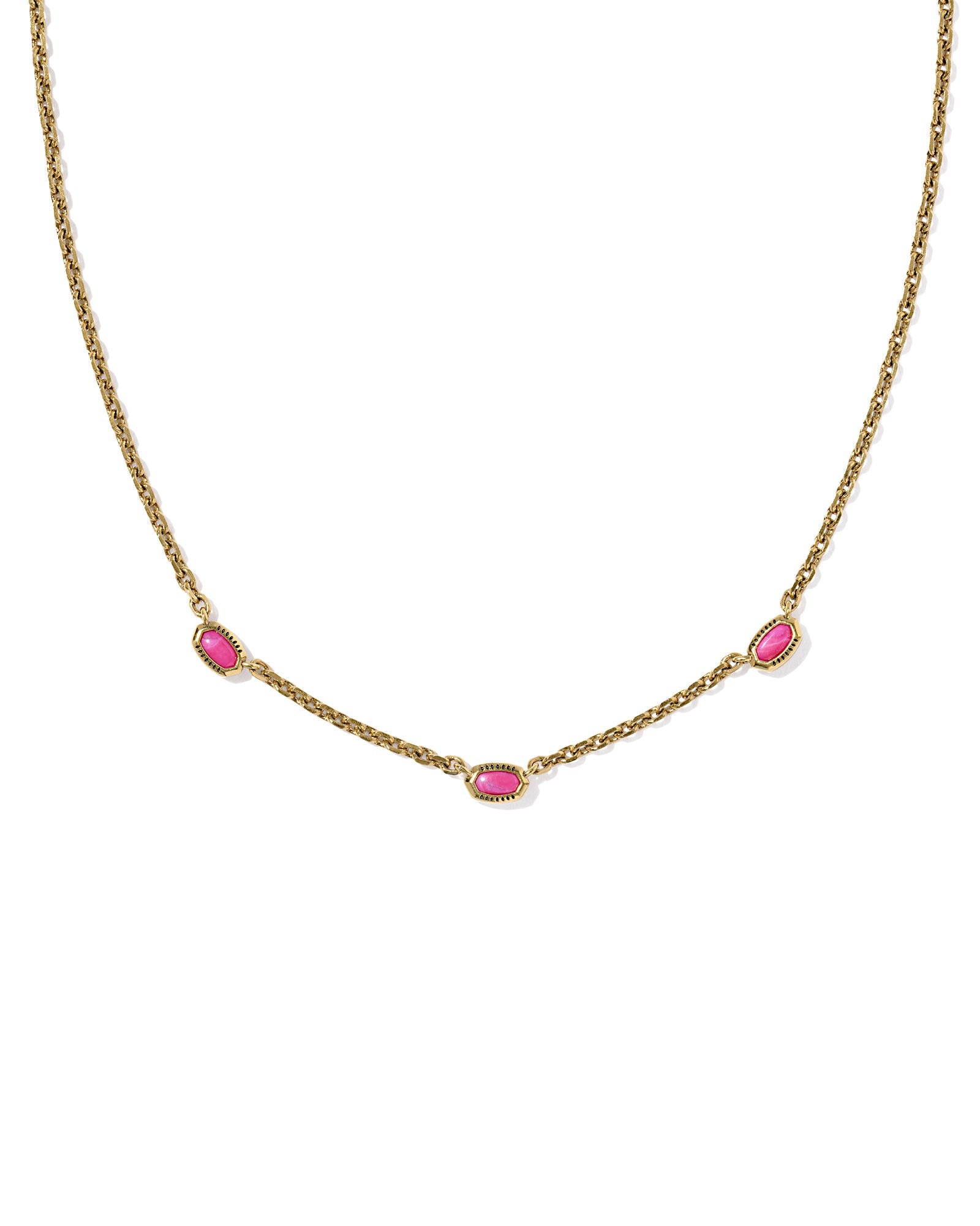 Mini Elisa Gold Three Stone Strand Necklace: Vintage Gold with Dark Fuchsia Variegated Magnesite