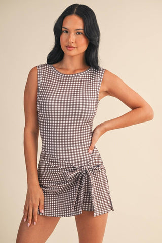 On - The - Go Gingham Wrap Dress Brown - Sugar Co.