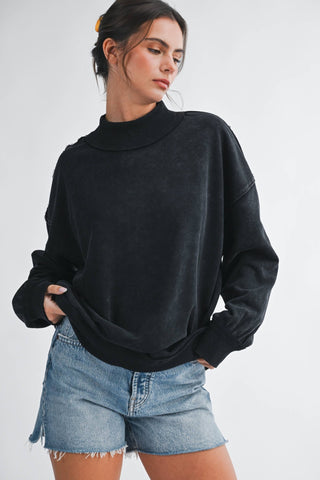 Oversized Mock Neck Washed Sweatshirt - Sugar Co.
