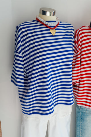 Oversized Stripe Boyfriend Tee: Cobalt - Sugar Co.