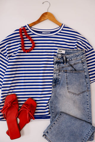 Oversized Stripe Boyfriend Tee: Cobalt - Sugar Co.