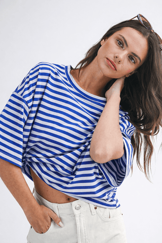 Oversized Stripe Boyfriend Tee: Cobalt - Sugar Co.