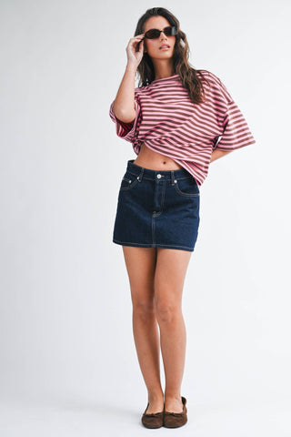 Oversized Stripe Boyfriend Tee: Cobalt - Sugar Co.