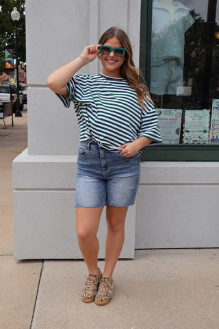 Oversized Stripe Boyfriend Tee: Emerald - Sugar Co.