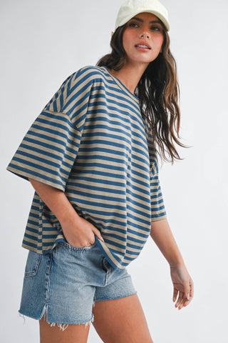 Oversized Stripe Boyfriend Tee: Emerald - Sugar Co.