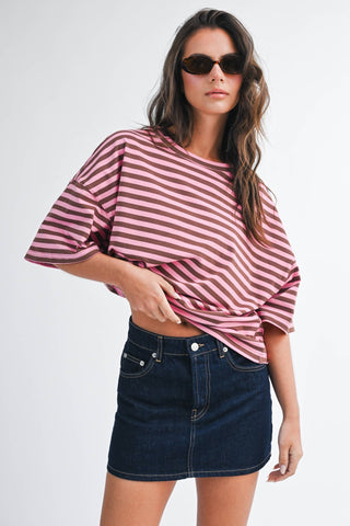 Oversized Stripe Boyfriend Tee: Heather Gray - Sugar Co.
