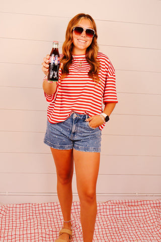 Oversized Stripe Boyfriend Tee: Red - Sugar Co.