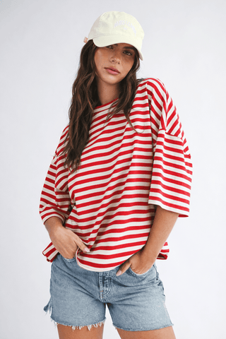 Oversized Stripe Boyfriend Tee: Red - Sugar Co.