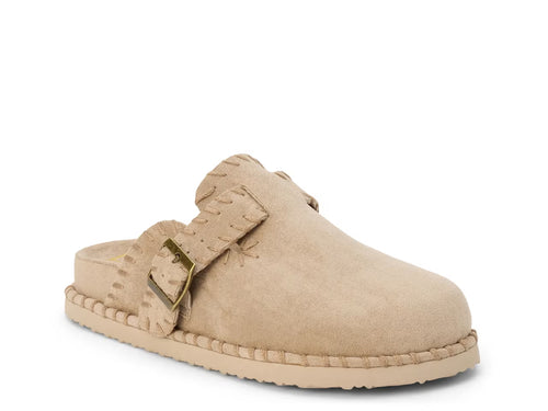 Beige slipper with a gold buckle on a white background