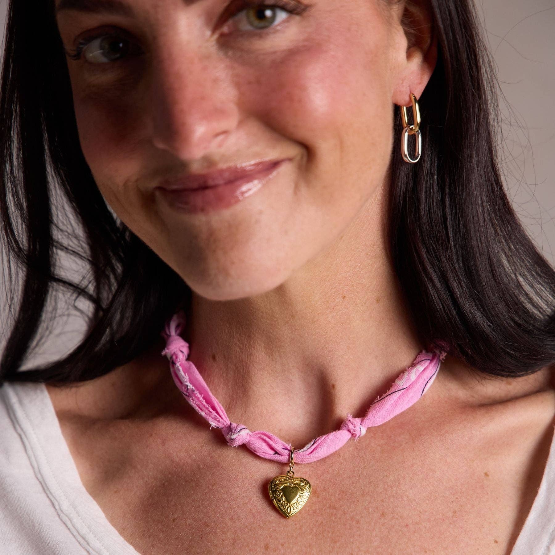 Pink Bandana Necklace: Gold Medium Heart Locket