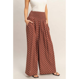 Polka Dot Elastic Wide - Leg Pants Chocolate - Sugar Co.
