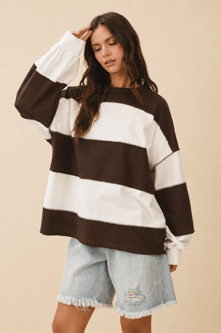Polly Oversized Color Block Long Sleeve Pullover Brownie - Sugar Co.