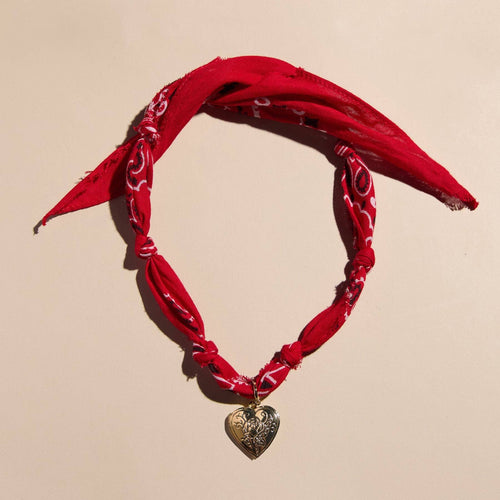 Red Bandana Necklace: Gold Oversized Heart Charm / Red - Sugar Co.