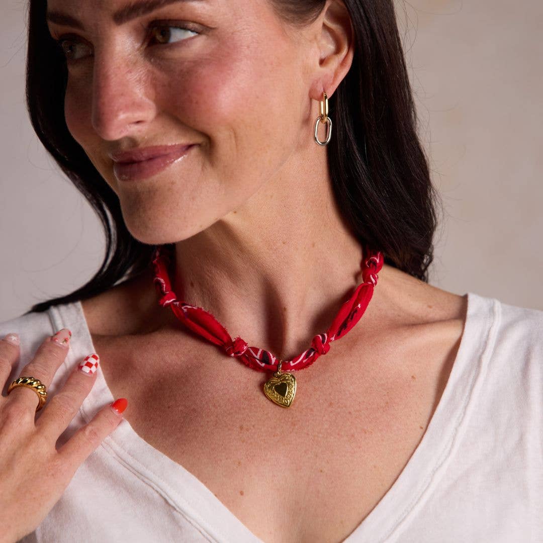 Red Bandana Necklace: Gold Oversized Heart Charm / Red - Sugar Co.