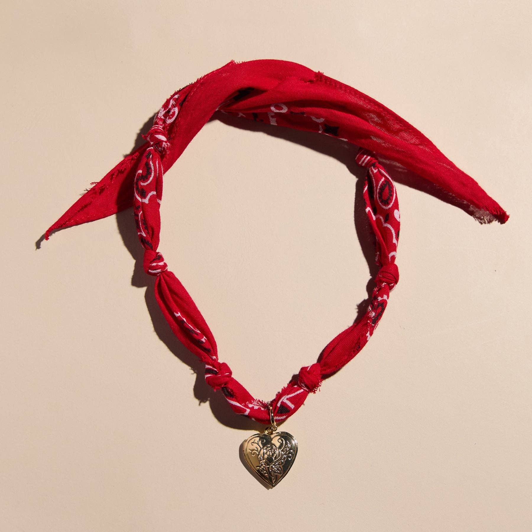 Red Bandana Necklace: Gold Sunburst Heart Charm / Red