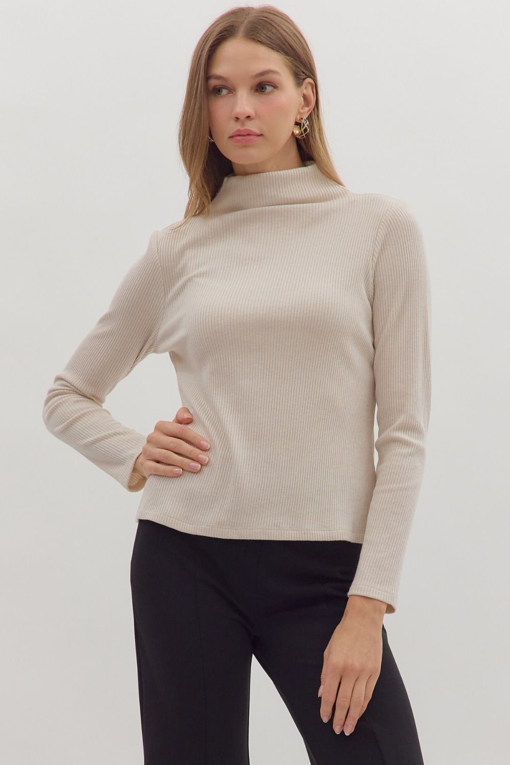 Refined Ribbed Mock Neck Pearl
