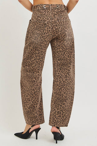 Risen | Brown Leopard Slouchy Crop Barrel Pants - Sugar Co.